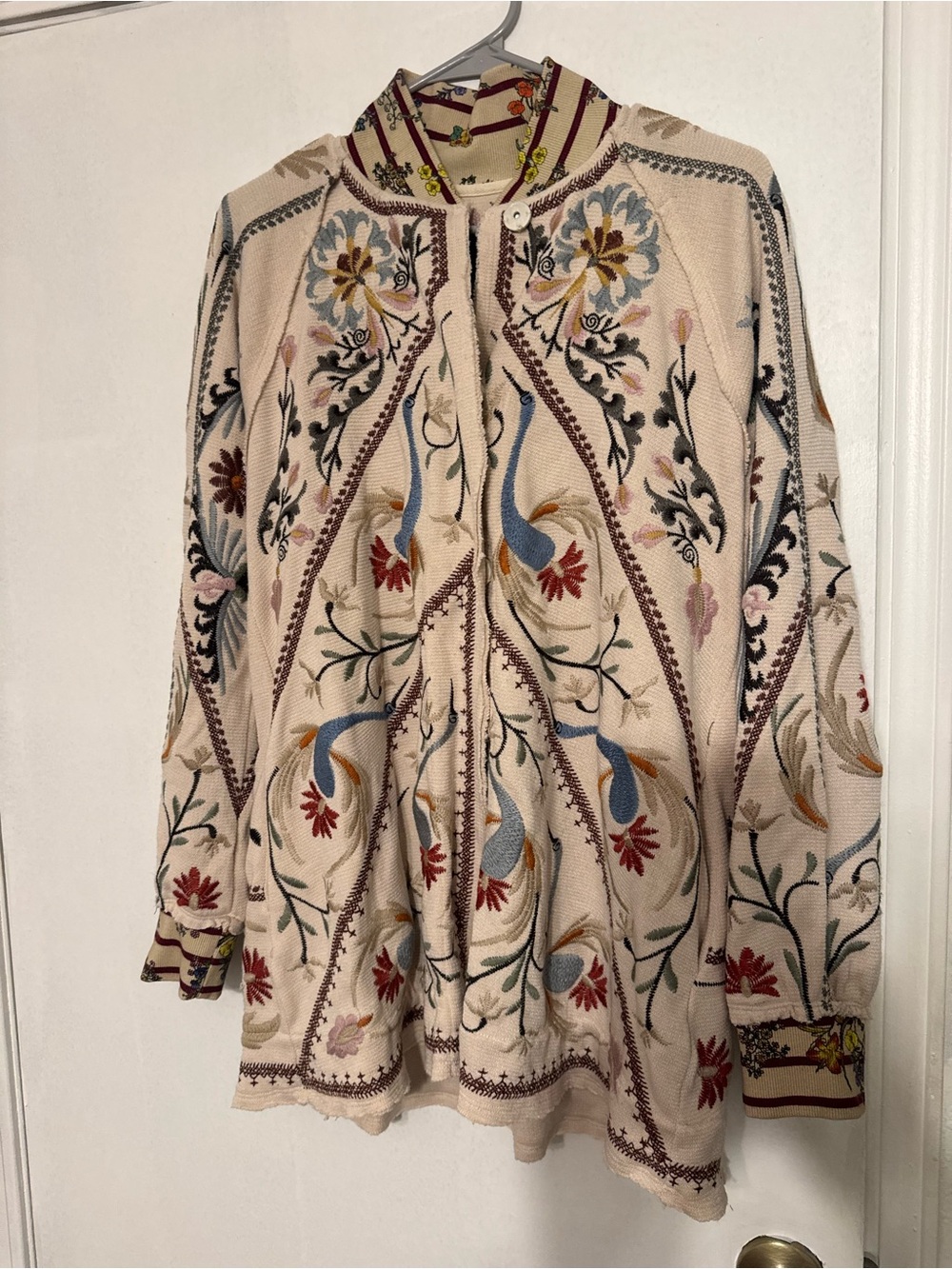 Johnny Was Cream Embroidered Floral Cardigan with Blue and Red Accents